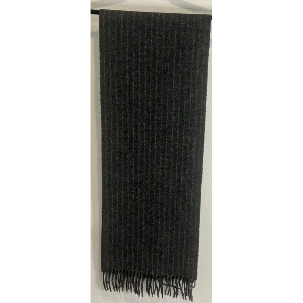 Polo Ralph Lauren 100% Lambswool Charcoal Gray Stripe Fringe Scarf